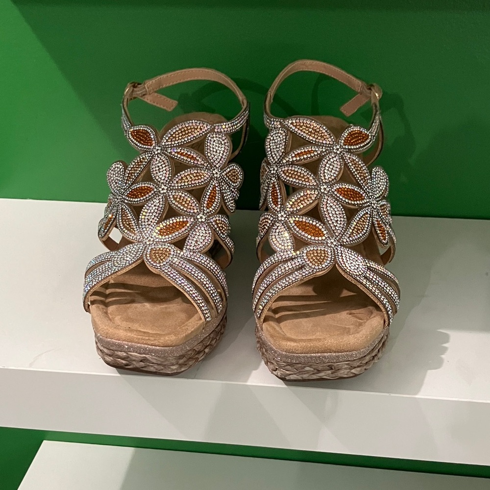 Impo Crystal Embellished Sandals - Tan and Silve. Size 9. Worn Once
